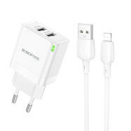 Carregador Borofone BN15 - 2xUSB - 2.1A c/ cabo USB Lightning branco